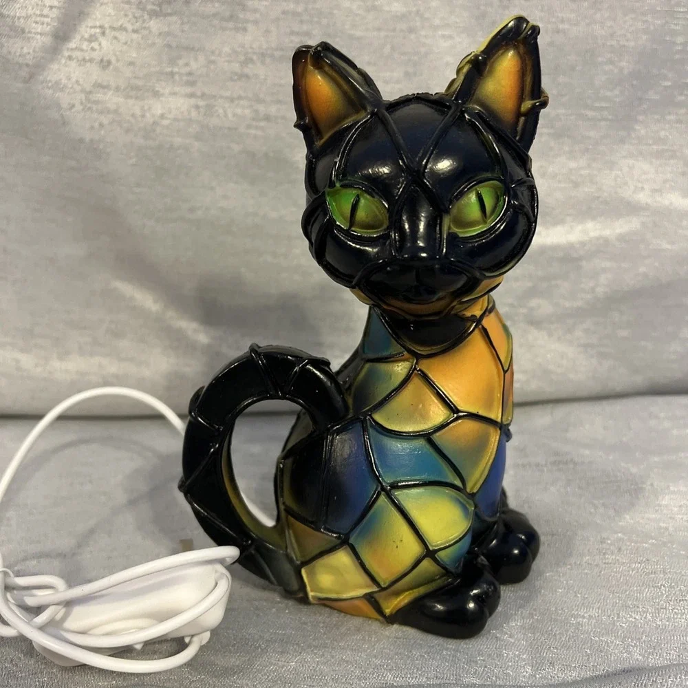 3D Cat Night Light Desk Table Lamp Stained Resin Retro Home Decor Tiffany Style